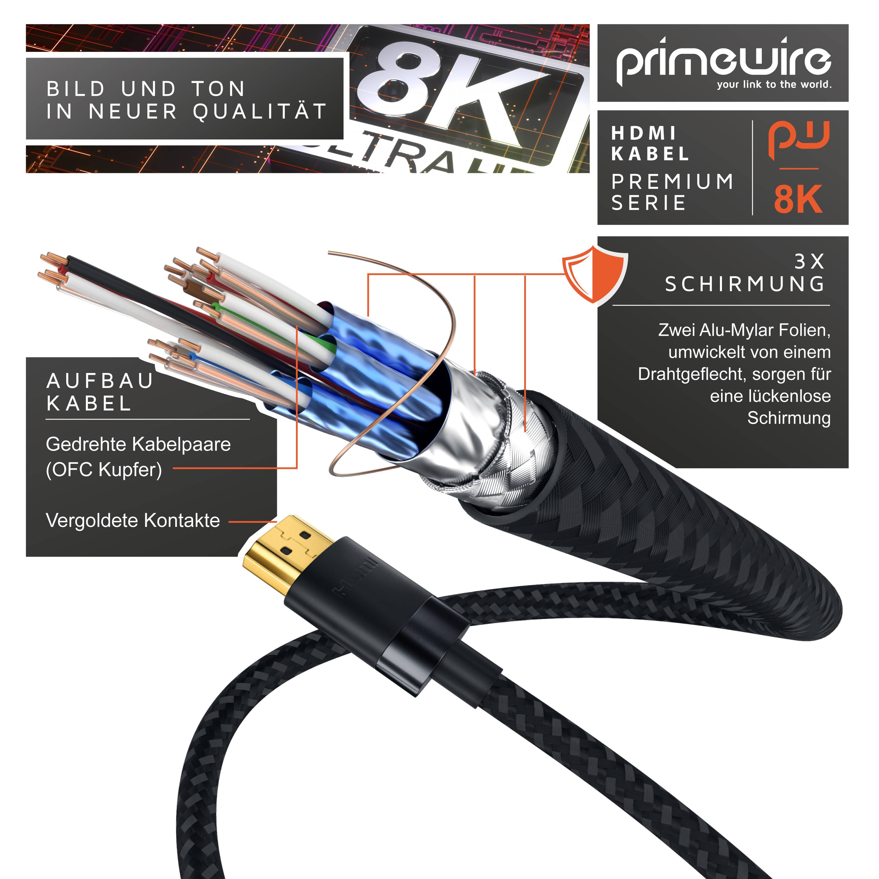 Primewire - 10m High Speed 8K HDMI Kabel 2.1, Ethernet ARC 3D 4K Ultra HD 7680x4320 @ 120 Hz HDTV Full HD, Schwarz