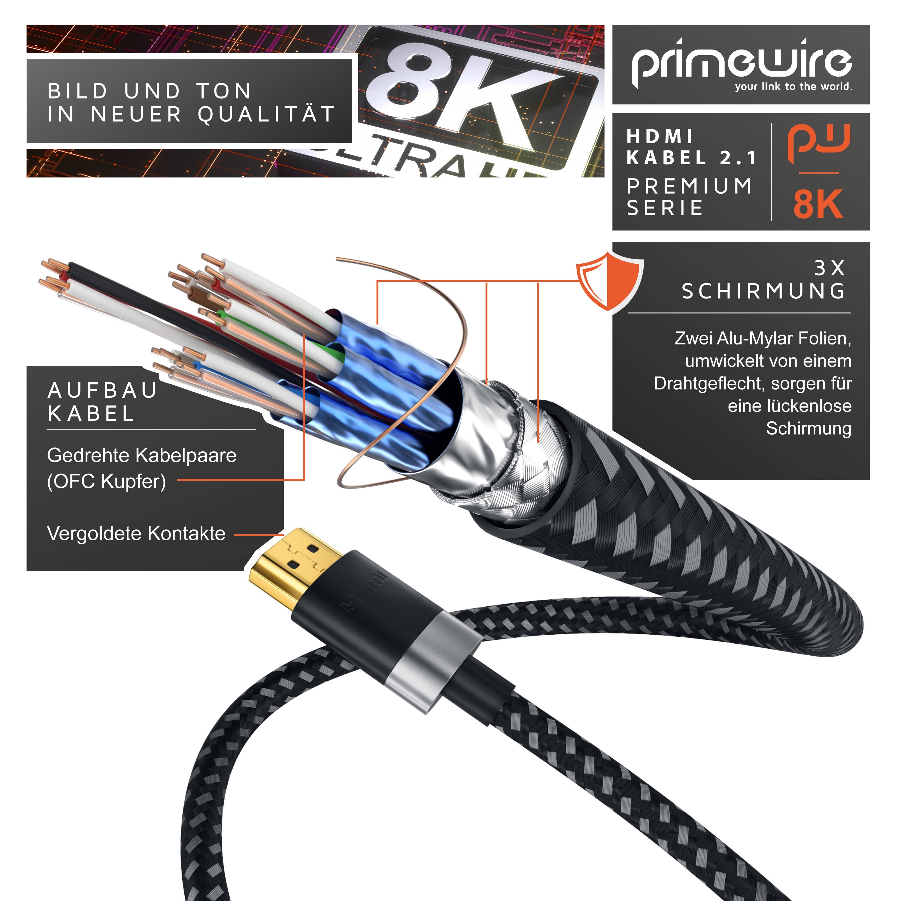Primewire - 2m High Speed 8K HDMI Kabel 2.1, Ethernet ARC 3D 4K Ultra HD 7680x4320 @ 120 Hz HDTV Full HD, Schwarz/Silber