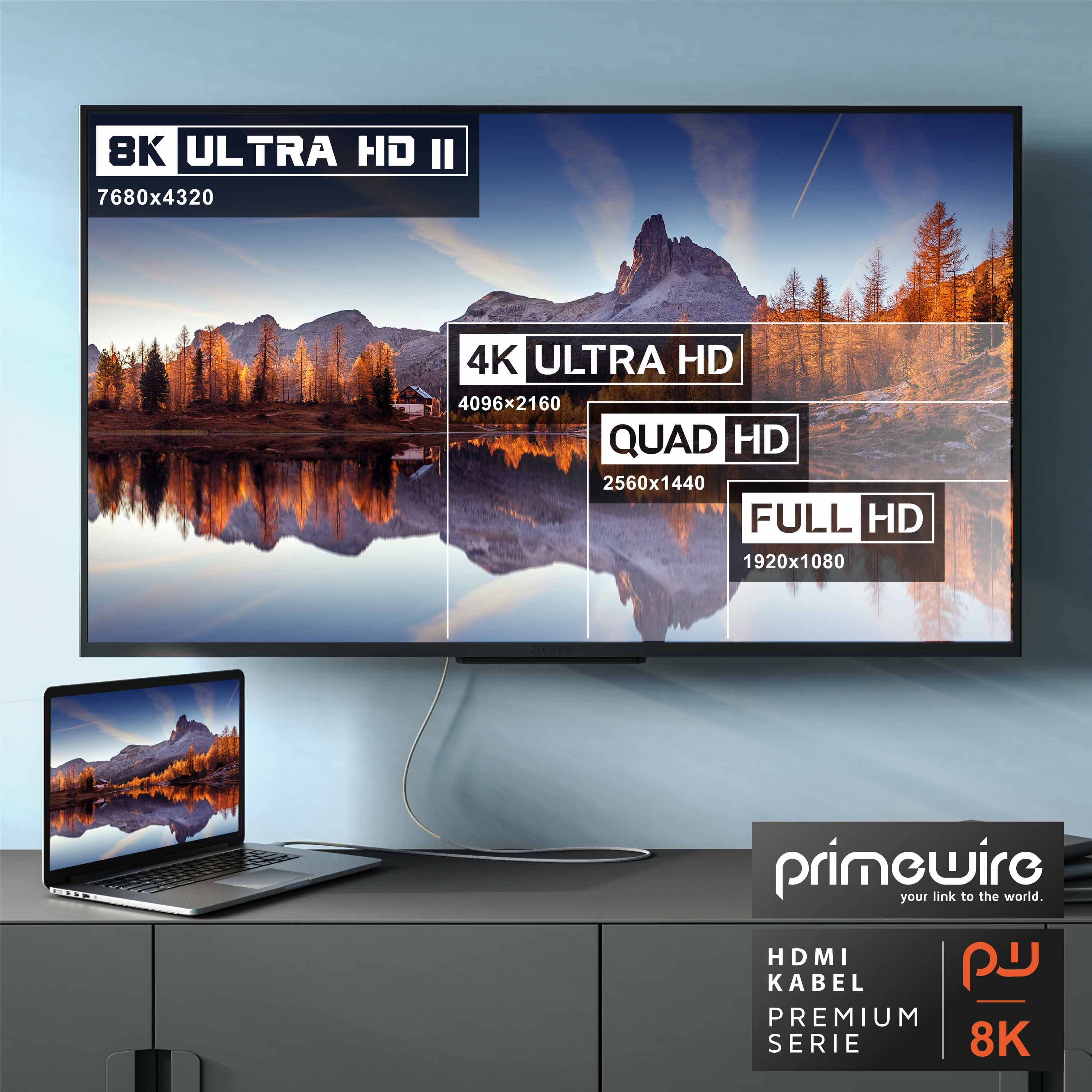 Primewire - 3m High Speed 8K HDMI Kabel 2.1, Ethernet ARC 3D 4K Ultra HD 7680x4320 @ 120 Hz HDTV Full HD, Weiß/Silber