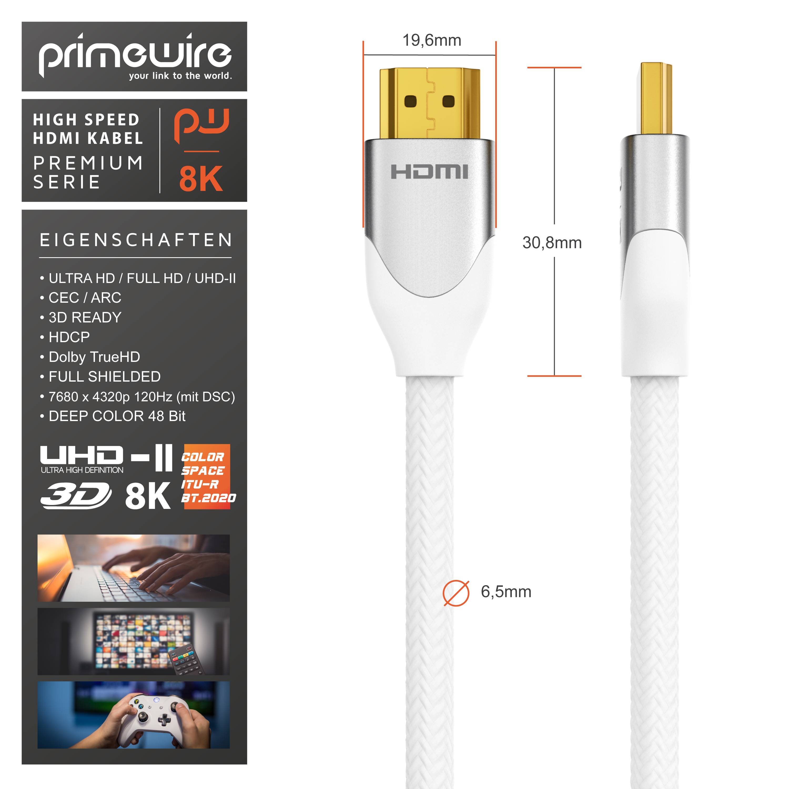 Primewire 8K Premium HDMI Kabel 2.1 mit Nylonummantelung, 7680 x 4320 @ 120 Hz mit DSC - 0,5m