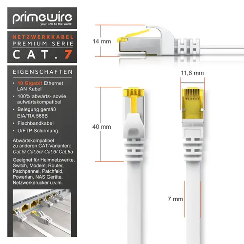 Primewire 5x LAN-Kabel CAT.7, RJ-45 (Ethernet), CAT 7 Flachband U/FTP Gigabit Netzwerkkabel 10 Gbit/s Patchkabel - 0,5m Primewire 5x LAN-Kabel CAT.7, RJ-45 (Ethernet), CAT 7 Flachband U/FTP Gigabit Netzwerkkabel 10 Gbit/s Patchkabel - 0,5m