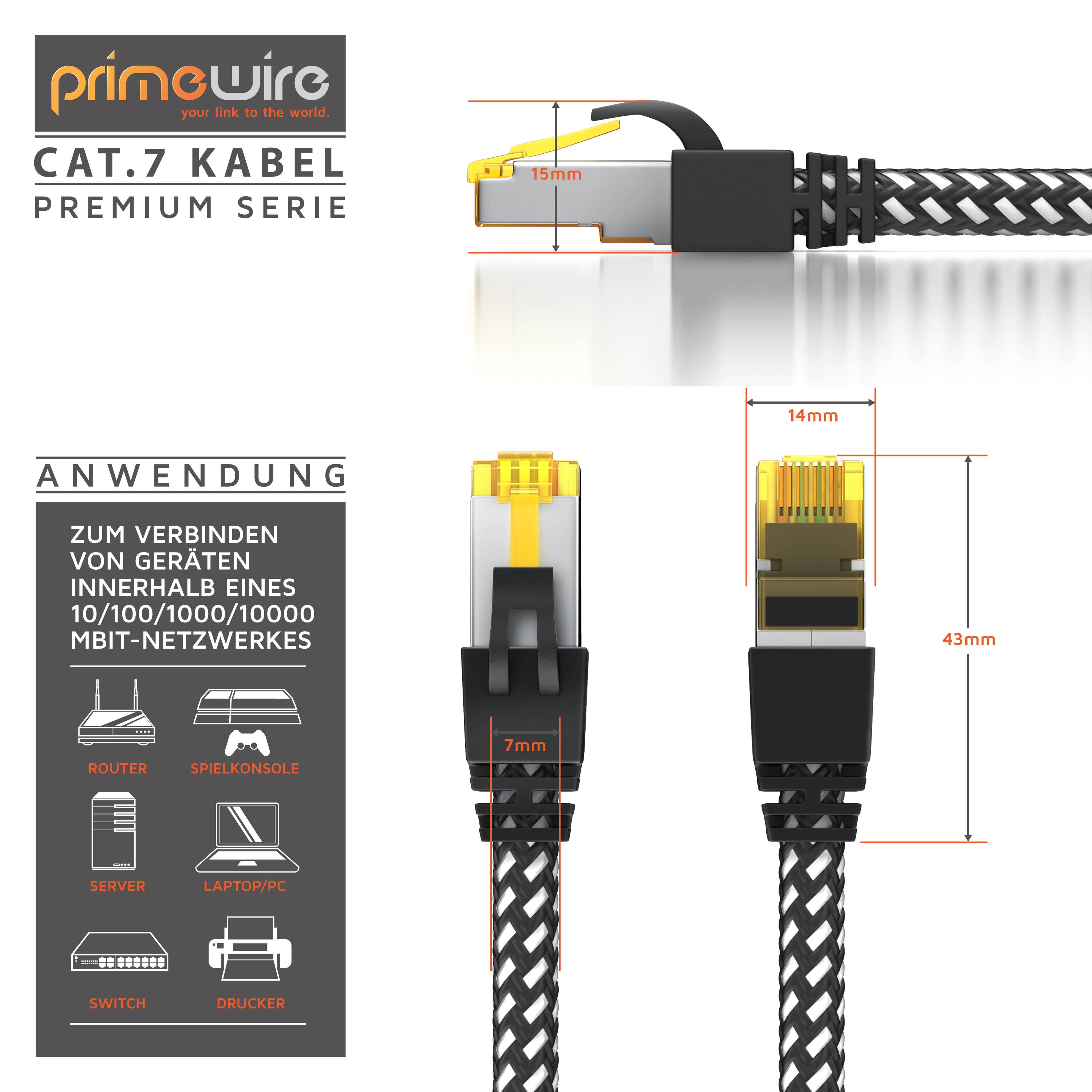 Primewire Patchkabel CAT 7 Rohkabel mit Braiding, Gigabit Ethernet LAN Kabel 10 Gbit/s S/FTP PIMF, Netzwerkkabel - 15m