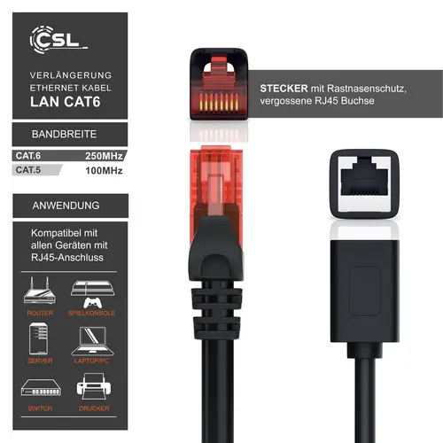 CSL Patchkabel CAT 6 Verlängerungskabel - Gigabit Ethernet LAN Kabel - UTP - 1000 Mbit/s - Netzwerkkabel - 3m CSL Patchkabel CAT 6 Verlängerungskabel - Gigabit Ethernet LAN Kabel - UTP - 1000 Mbit/s - Netzwerkkabel - 3m