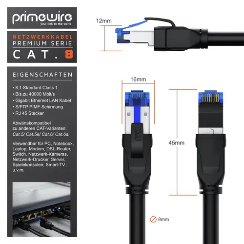 Primewire Patchkabel CAT 8, Gigabit Ethernet LAN Kabel, 40 Gbit/s S/FTP PIMF, Netzwerkkabel mit Baumwollmantel - 25m Primewire Patchkabel CAT 8, Gigabit Ethernet LAN Kabel, 40 Gbit/s S/FTP PIMF, Netzwerkkabel mit Baumwollmantel - 25m