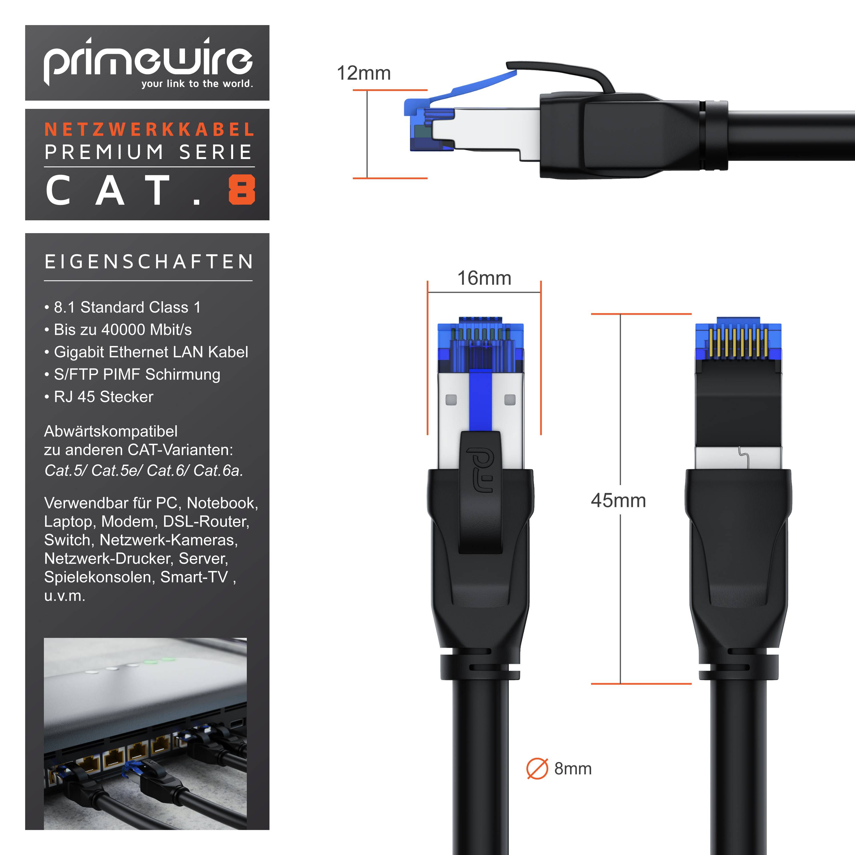 Primewire Patchkabel CAT 8, Gigabit Ethernet LAN Kabel, 40 Gbit/s S/FTP PIMF, Netzwerkkabel mit Baumwollmantel - 5m