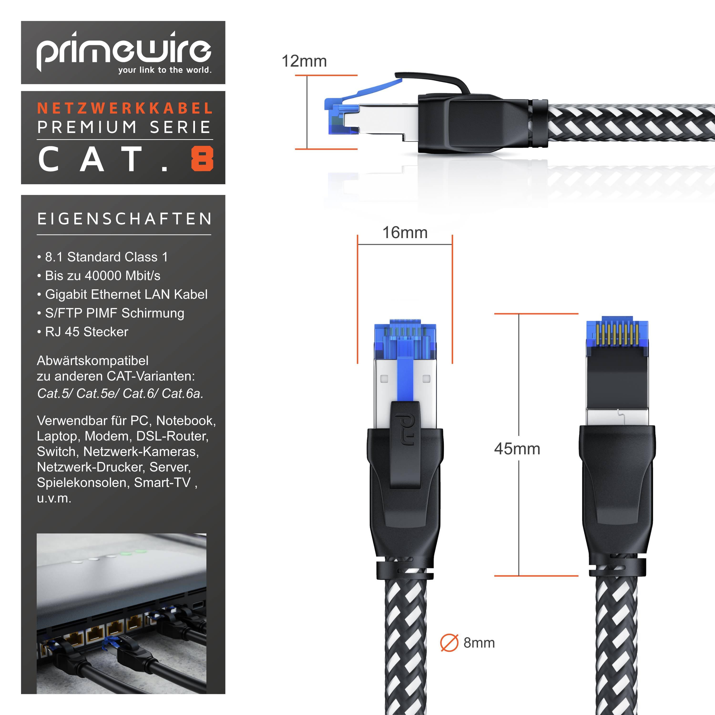 Primewire Patchkabel CAT 8, Gigabit Ethernet LAN Kabel, 40 Gbit/s S/FTP PIMF, Netzwerkkabel mit Baumwollmantel - 15m