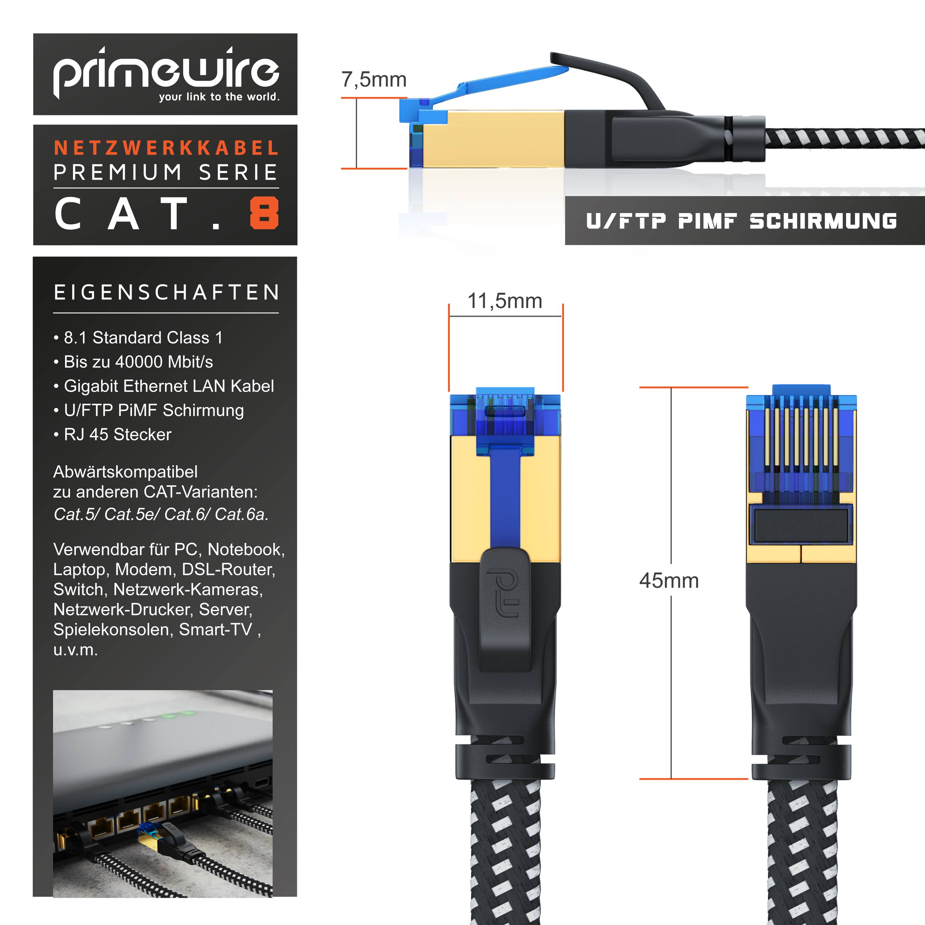 Primewire Flachbandpatchkabel CAT 8 mit Braiding, Gigabit Ethernet LAN Kabel 40 Gbit/s U/FTP PIMF, Netzwerkkabel - 7,5m