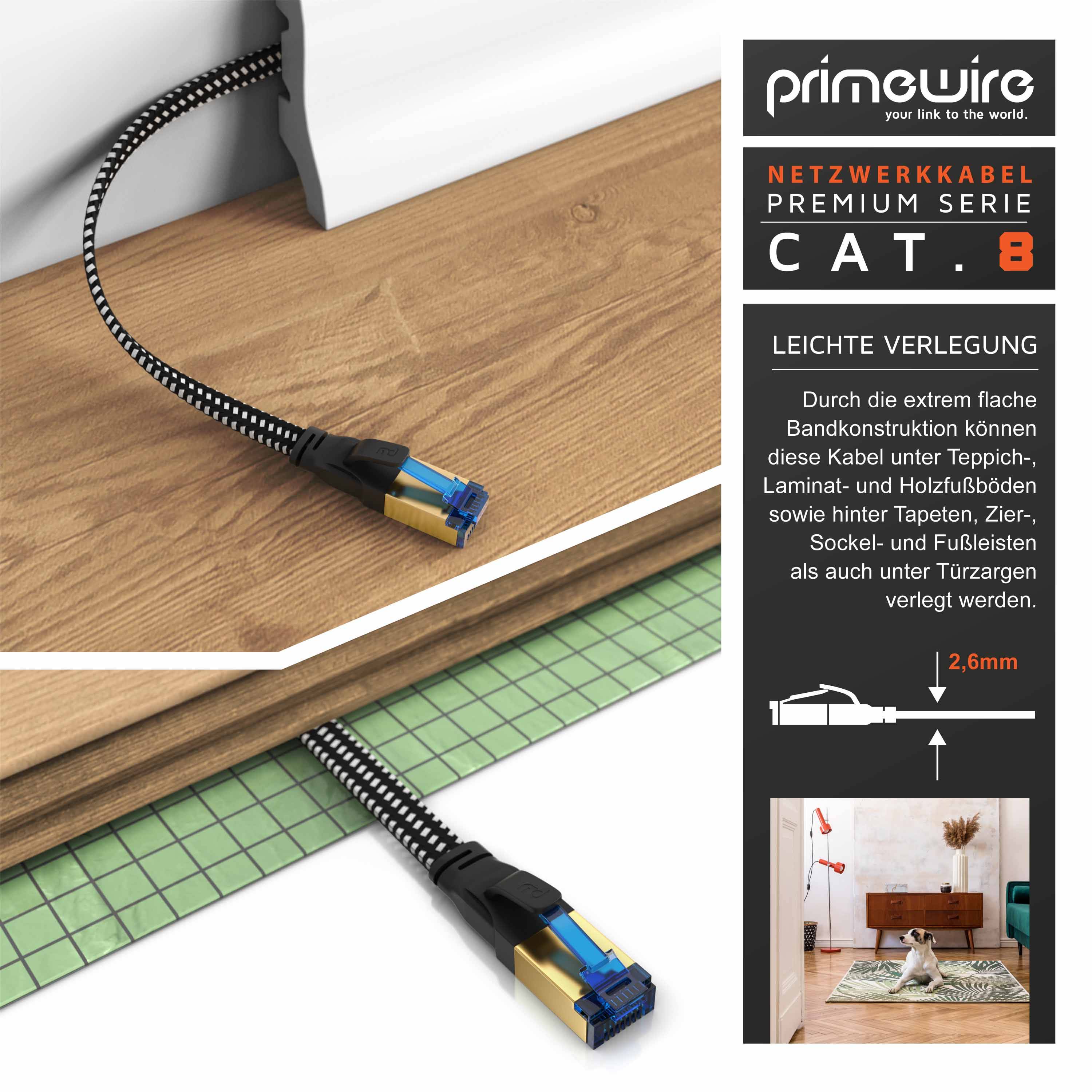 Primewire Flachbandpatchkabel CAT 8 mit Braiding, Gigabit Ethernet LAN Kabel 40 Gbit/s U/FTP PIMF, Netzwerkkabel - 2m