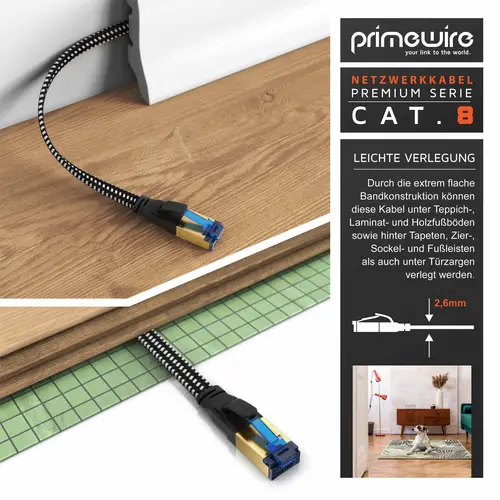 Primewire Flachbandpatchkabel CAT 8 mit Braiding, Gigabit Ethernet LAN Kabel 40 Gbit/s U/FTP PIMF, Netzwerkkabel - 3m Primewire Flachbandpatchkabel CAT 8 mit Braiding, Gigabit Ethernet LAN Kabel 40 Gbit/s U/FTP PIMF, Netzwerkkabel - 3m