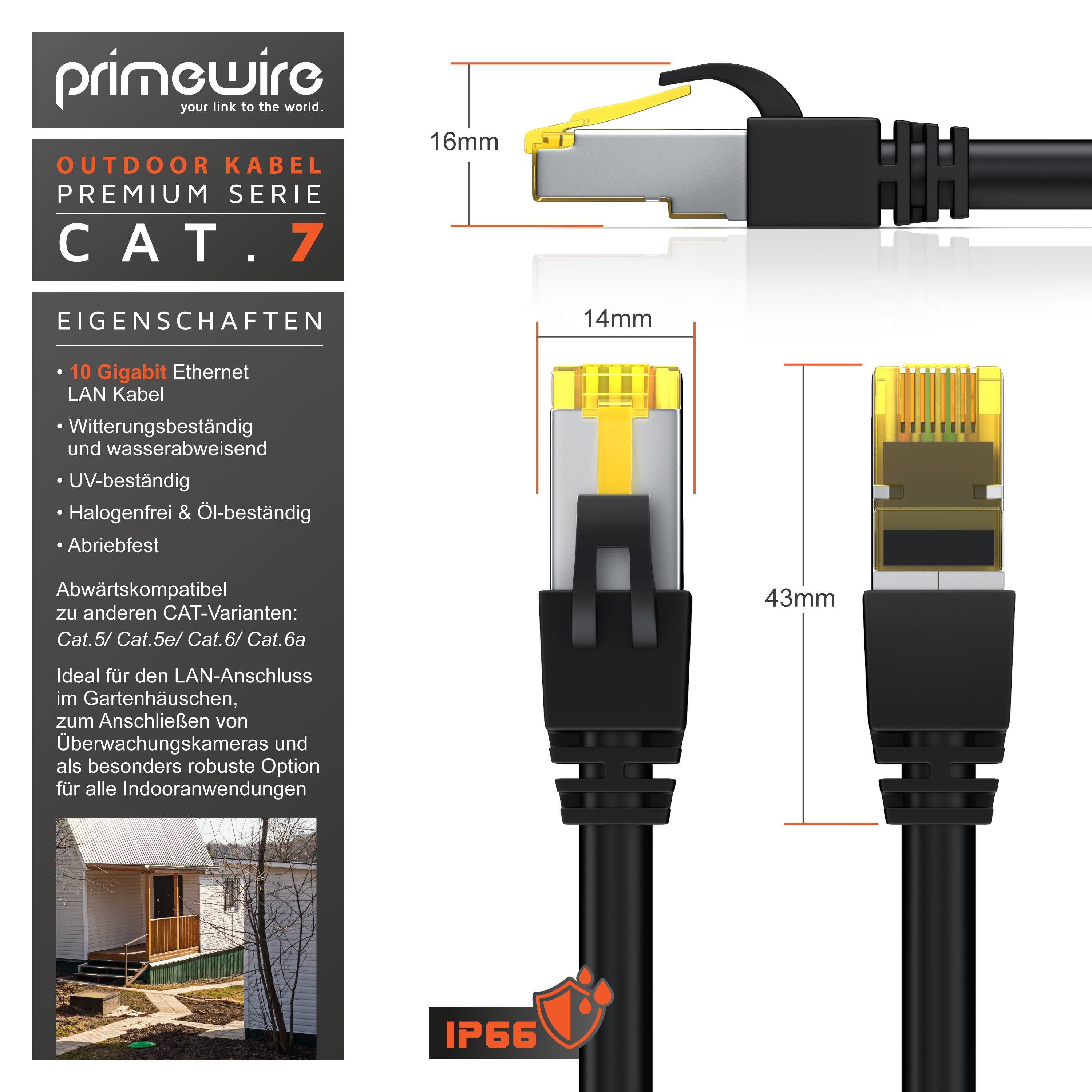 Primewire Outdoor Patchkabel - CAT 7 - mit IP66 - 10 Gbit/s - S/FTP PiMF Schirmung - Netzwerkkabel - 20m
