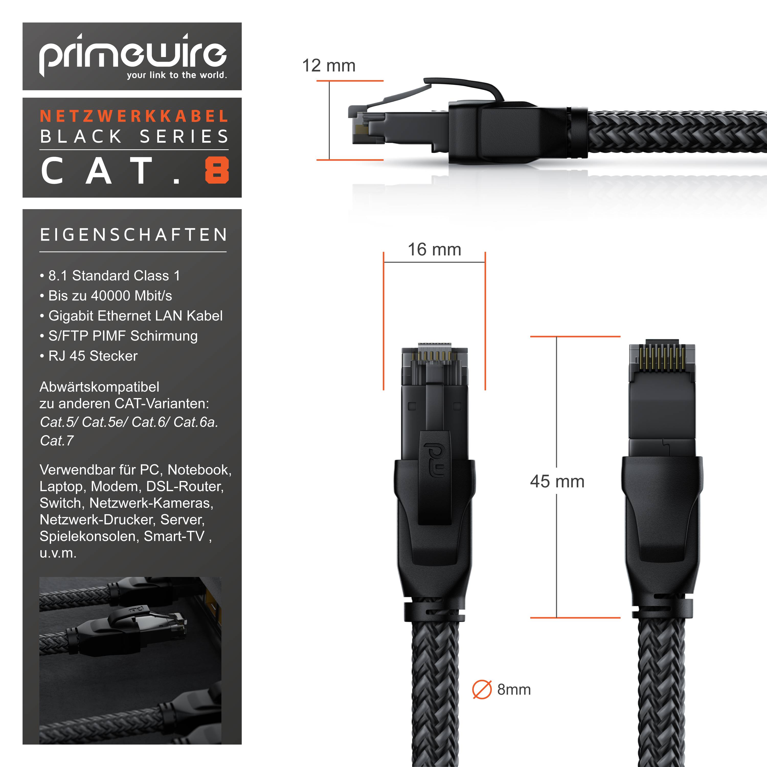 Primewire Patchkabel CAT 8 mit Baumwollmantel, Gigabit Ethernet LAN Kabel, 40 Gbit/s S/FTP PIMF Netzwerkkabel - 1m