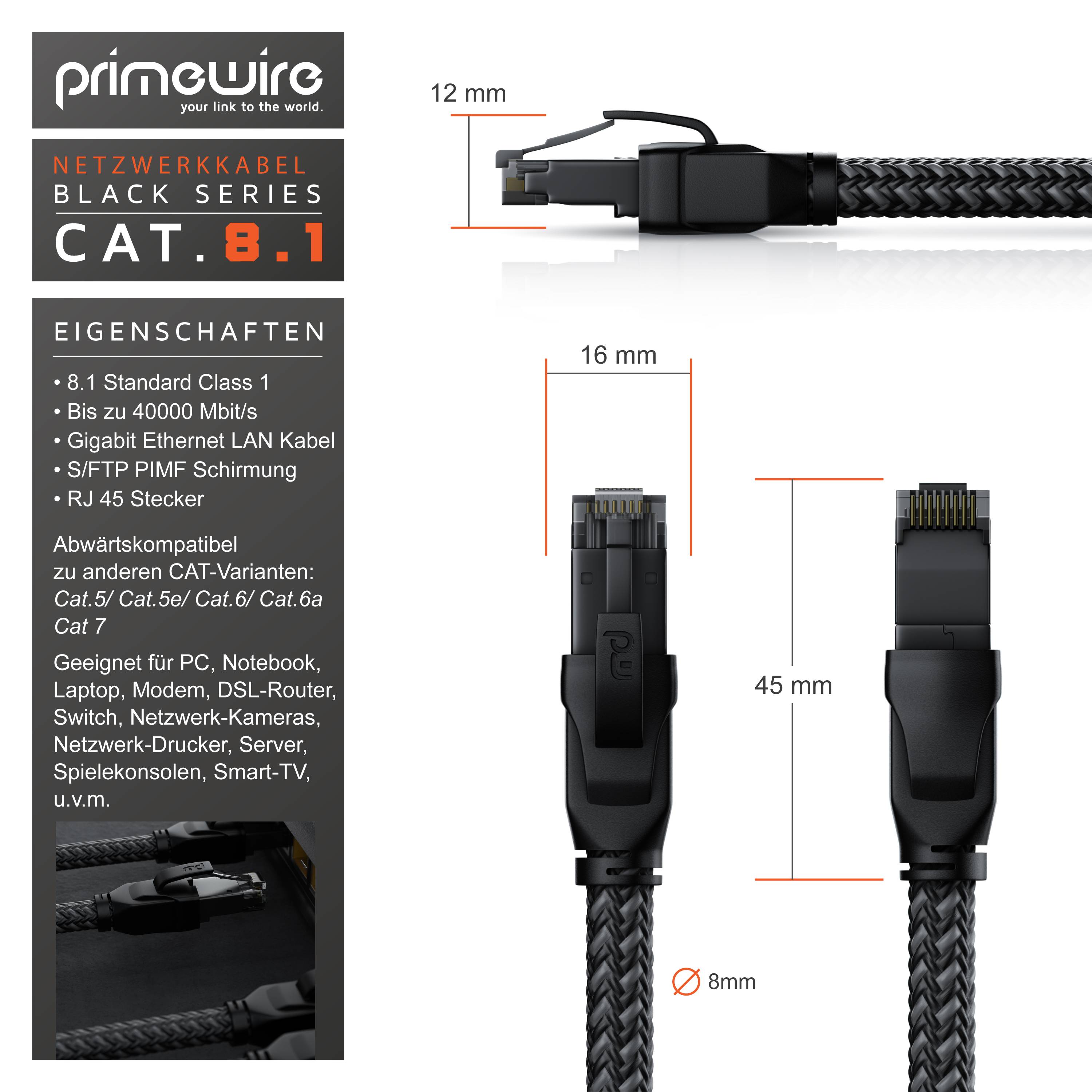 Primewire Patchkabel CAT 8 mit Baumwollmantel, Gigabit Ethernet LAN Kabel, 40 Gbit/s S/FTP PIMF Netzwerkkabel - 3m