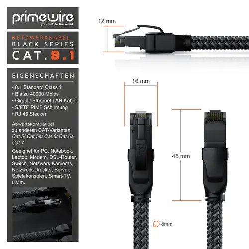 Primewire Patchkabel CAT 8 mit Baumwollmantel, Gigabit Ethernet LAN Kabel, 40 Gbit/s S/FTP PIMF Netzwerkkabel - 3m Primewire Patchkabel CAT 8 mit Baumwollmantel, Gigabit Ethernet LAN Kabel, 40 Gbit/s S/FTP PIMF Netzwerkkabel - 3m