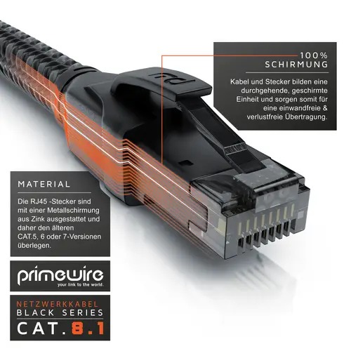 Primewire Patchkabel CAT 8 mit Baumwollmantel, Gigabit Ethernet LAN Kabel, 40 Gbit/s S/FTP PIMF Netzwerkkabel - 3m Primewire Patchkabel CAT 8 mit Baumwollmantel, Gigabit Ethernet LAN Kabel, 40 Gbit/s S/FTP PIMF Netzwerkkabel - 3m