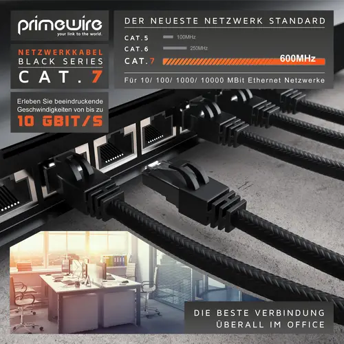 Primewire Patchkabel CAT 7 mit Baumwollmantel, Gigabit Ethernet LAN Kabel, 10 Gbit/s S/FTP PIMF, Netzwerkkabel - 5m Primewire Patchkabel CAT 7 mit Baumwollmantel, Gigabit Ethernet LAN Kabel, 10 Gbit/s S/FTP PIMF, Netzwerkkabel - 5m