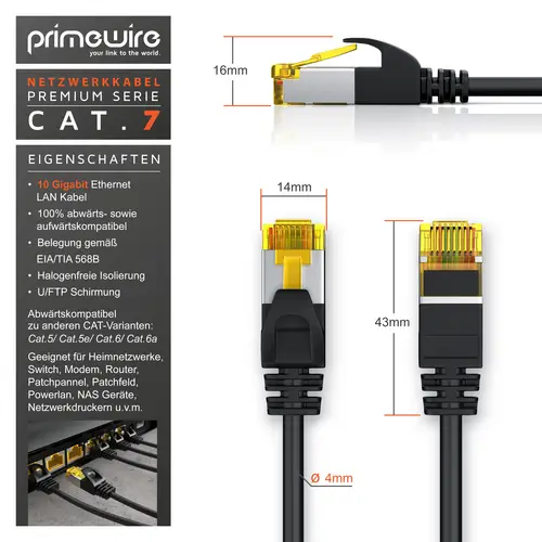 Primewire Ultra Slim Patchkabel Cat 7, LAN Ethernet Gigabit Kabel, 10000 Mbit U/FTP PIMF Schirmung, Netzwerkkabel - 7,5m Primewire Ultra Slim Patchkabel Cat 7, LAN Ethernet Gigabit Kabel, 10000 Mbit U/FTP PIMF Schirmung, Netzwerkkabel - 7,5m