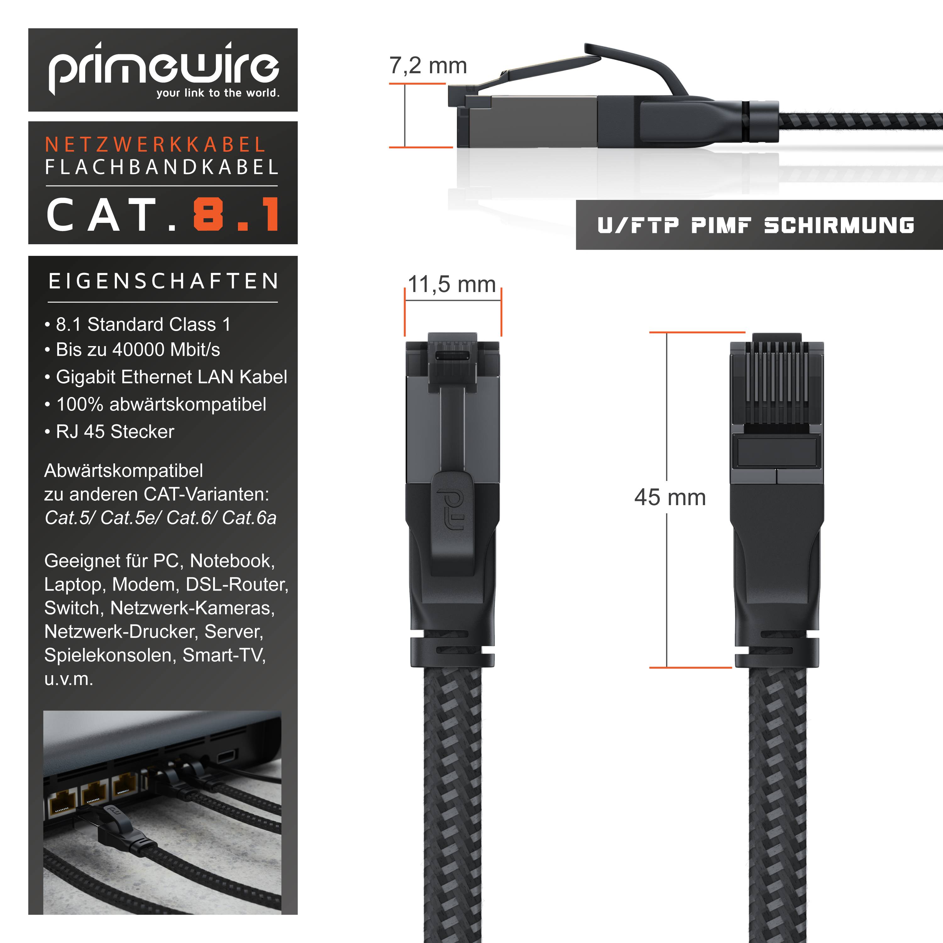 Primewire CAT 8.1 Netzwerkkabel Flach 40 Gbits, LAN Kabel Patchkabel, Gigabit RJ45 Ethernet, Flachbandkabel - 10m
