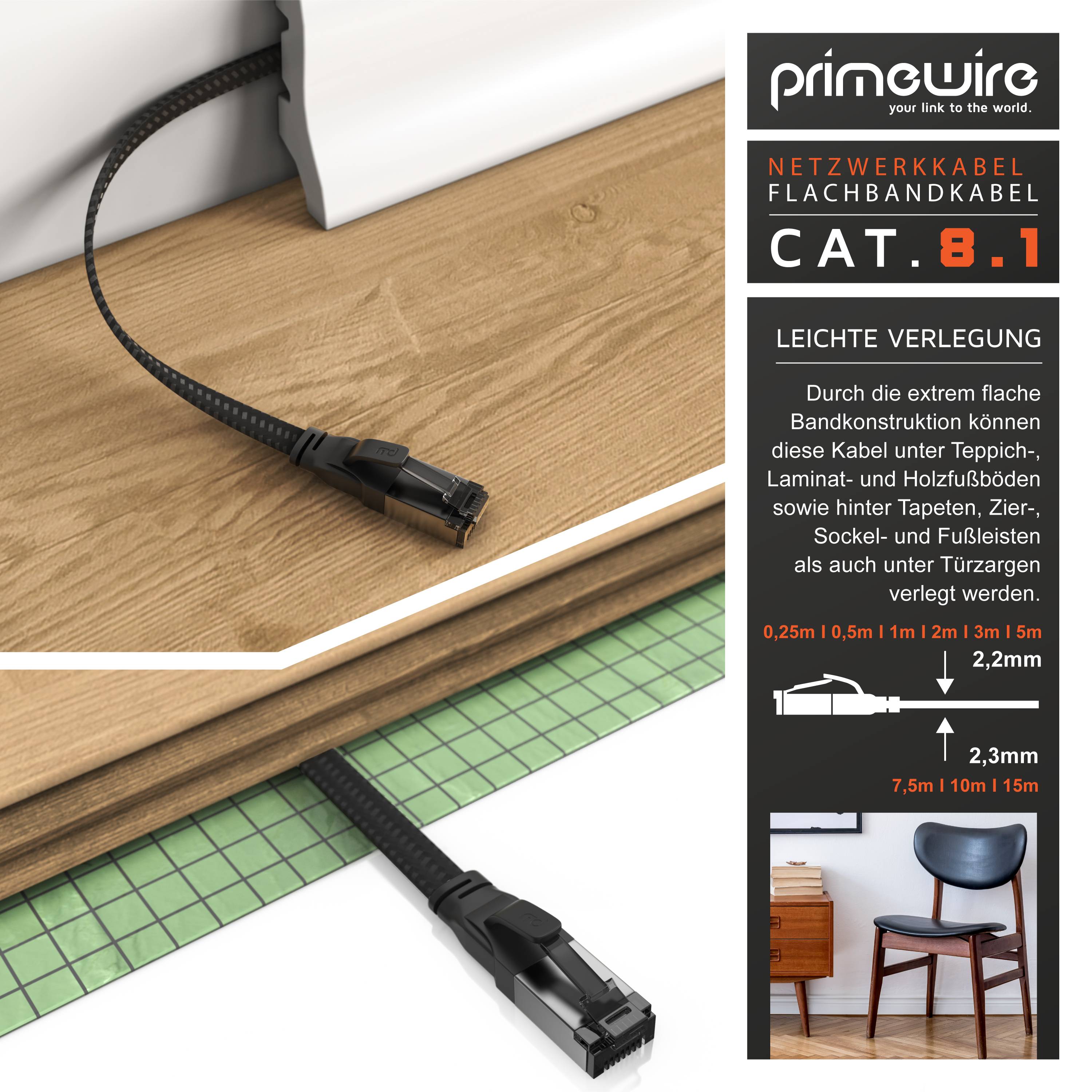 Primewire CAT 8.1 Netzwerkkabel Flach 40 Gbits, LAN Kabel Patchkabel, Gigabit RJ45 Ethernet, Flachbandkabel - 10m