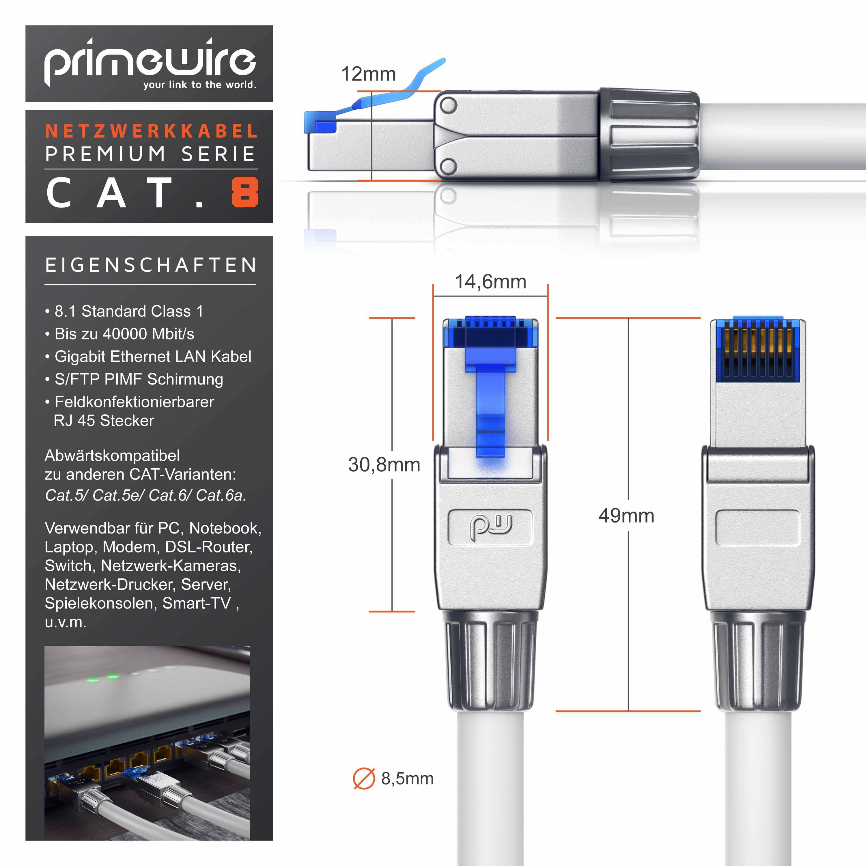 Primewire Patchkabel CAT 8 - Gigabit Ethernet LAN Kabel - 40 Gbit/s - S/FTP PIMF Schirmung - Netzwerkkabel - 7,5m
