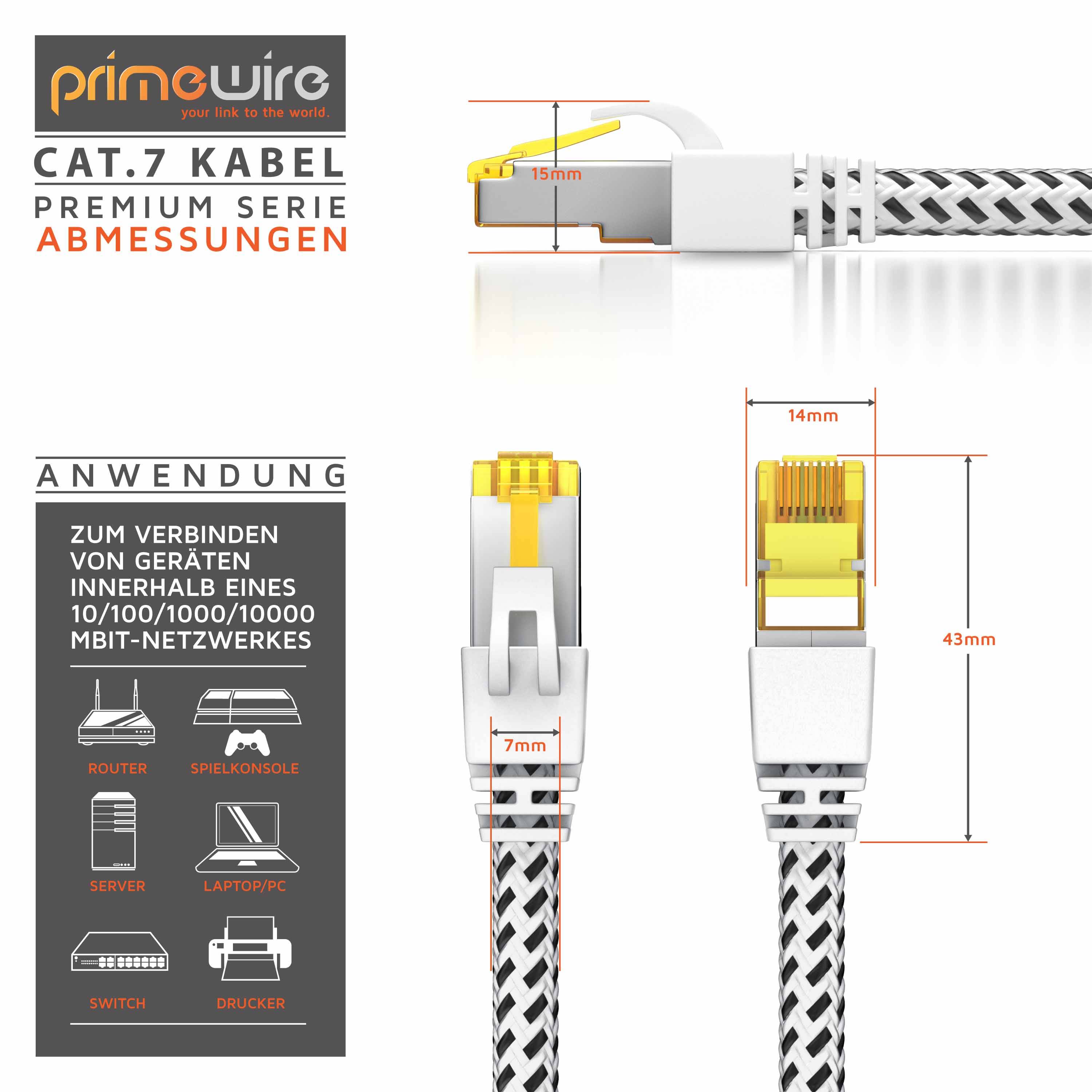 Primewire Patchkabel CAT 7 Rohkabel mit Braiding, Gigabit Ethernet LAN Kabel 10 Gbit/s S/FTP PIMF, Netzwerkkabel - 10m