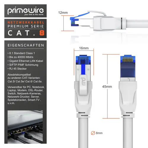 Primewire Patchkabel CAT 8, Gigabit Ethernet LAN Kabel, 40 Gbit/s S/FTP PIMF, Netzwerkkabel mit Baumwollmantel - 0,5m Primewire Patchkabel CAT 8, Gigabit Ethernet LAN Kabel, 40 Gbit/s S/FTP PIMF, Netzwerkkabel mit Baumwollmantel - 0,5m