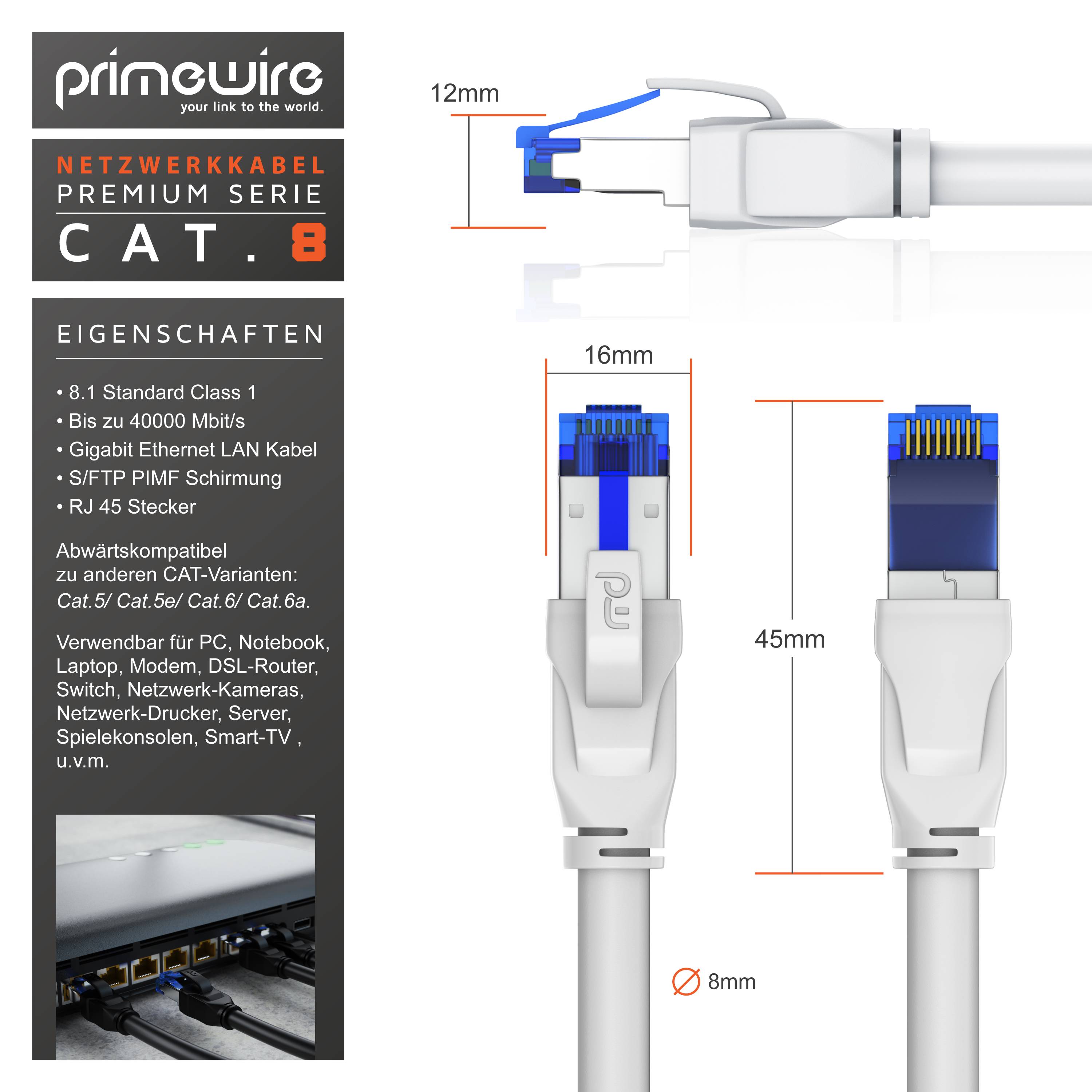 Primewire Patchkabel CAT 8, Gigabit Ethernet LAN Kabel, 40 Gbit/s S/FTP PIMF, Netzwerkkabel mit Baumwollmantel - 1m