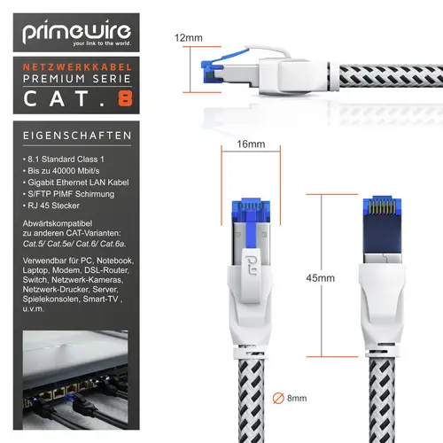 Primewire Patchkabel CAT 8, Gigabit Ethernet LAN Kabel, 40 Gbit/s S/FTP PIMF, Netzwerkkabel mit Baumwollmantel - 2m Primewire Patchkabel CAT 8, Gigabit Ethernet LAN Kabel, 40 Gbit/s S/FTP PIMF, Netzwerkkabel mit Baumwollmantel - 2m