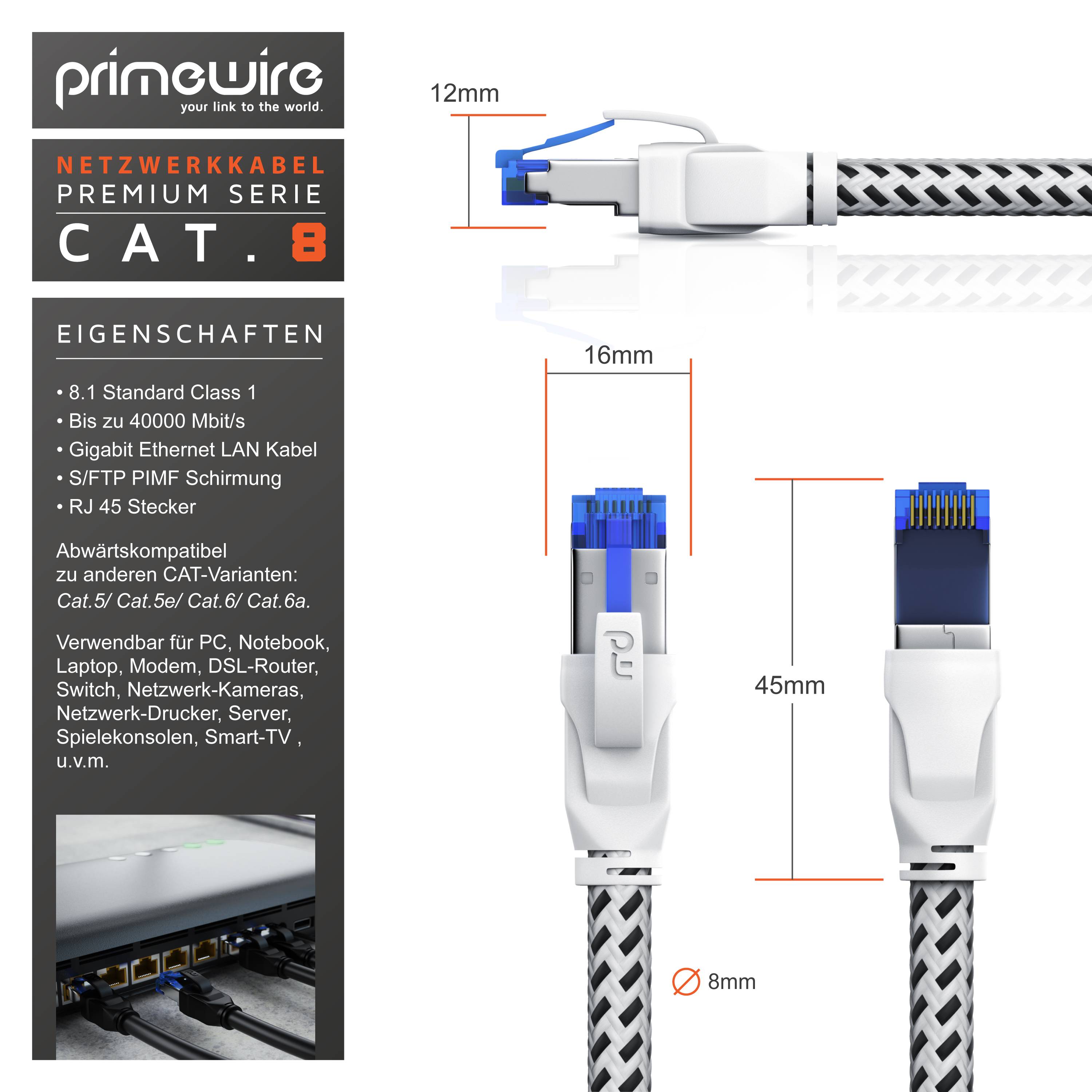Primewire Patchkabel CAT 8, Gigabit Ethernet LAN Kabel, 40 Gbit/s S/FTP PIMF, Netzwerkkabel mit Baumwollmantel - 7,5m