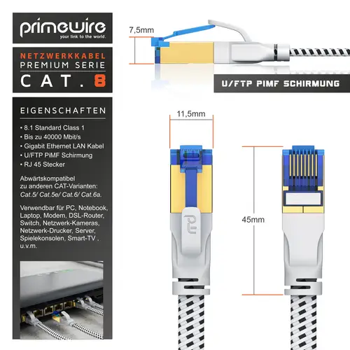 Primewire Flachbandpatchkabel CAT 8 mit Braiding, Gigabit Ethernet LAN Kabel 40 Gbit/s U/FTP PIMF, Netzwerkkabel - 0,25m Primewire Flachbandpatchkabel CAT 8 mit Braiding, Gigabit Ethernet LAN Kabel 40 Gbit/s U/FTP PIMF, Netzwerkkabel - 0,25m