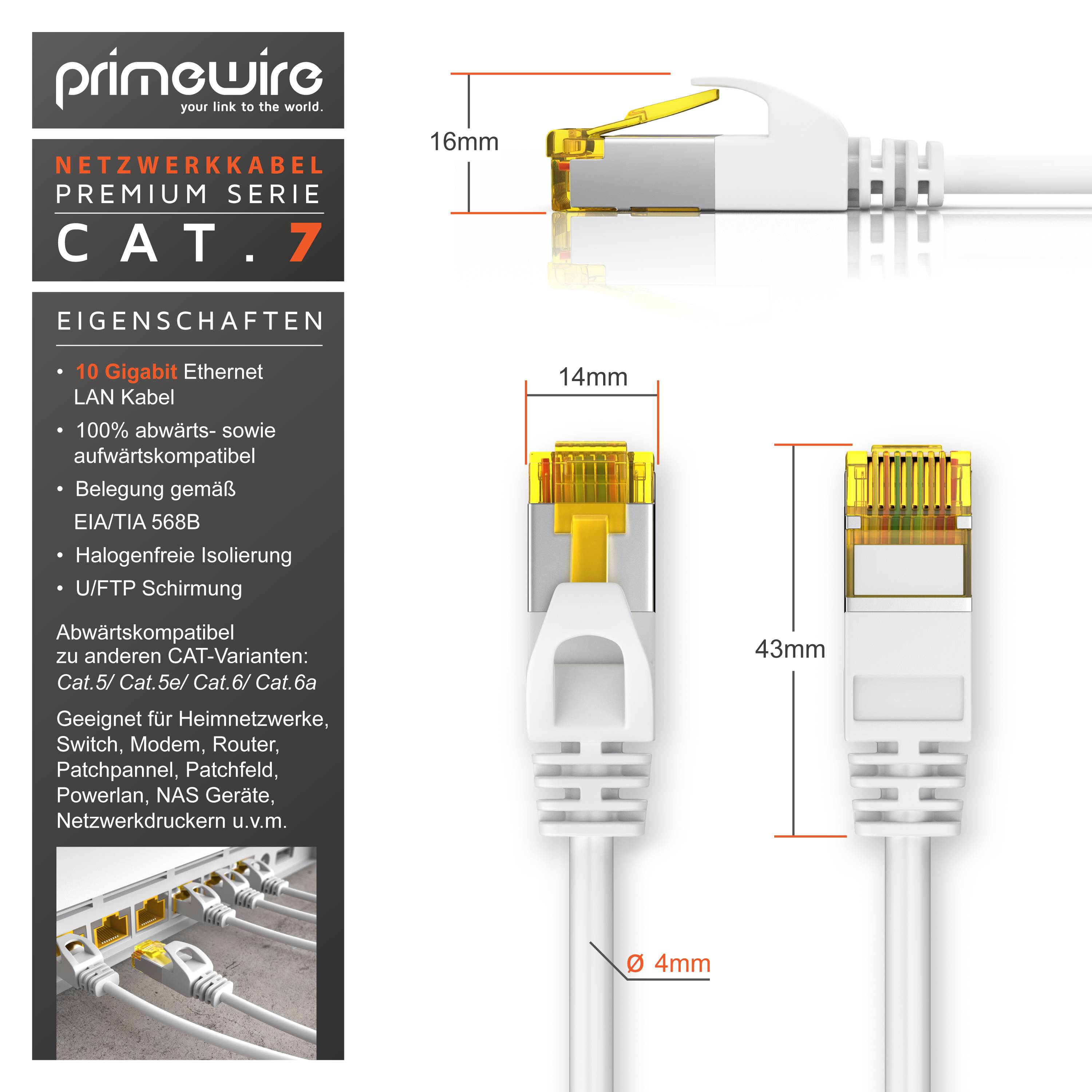 Primewire Ultra Slim Patchkabel Cat 7, LAN Ethernet Gigabit Kabel, 10000 Mbit U/FTP PIMF Schirmung, Netzwerkkabel - 10m