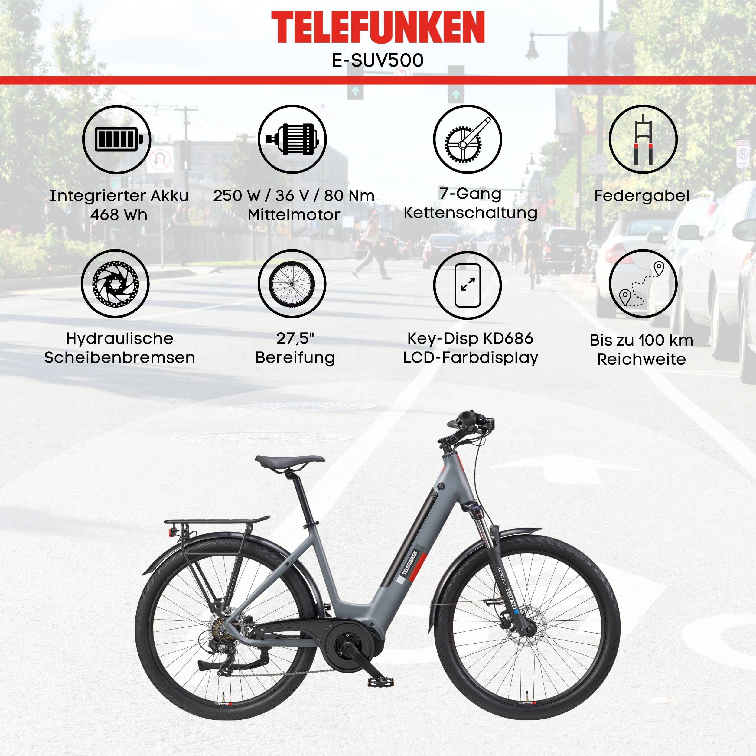 Telefunken City SUV E-Bike | Elektrofahrrad 27,5 Zoll | Mittelmotor | 7-Gang Kettenschaltung | 468 Wh Akku | Pedelec