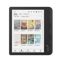 Ein schwarzer E-Reader, auf dem ein Bibliotheksbildschirm mit einem Raster von Buchcovern und Kategorie-Tabs angezeigt wird, frontal betrachtet.