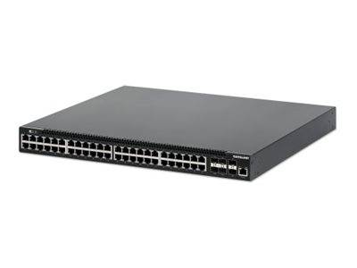 Ein Rack-mounted Netzwerk-Switch mit vielen Ethernet-Anschlüssen auf der Frontplatte, gezeigt auf weißem Hintergrund.