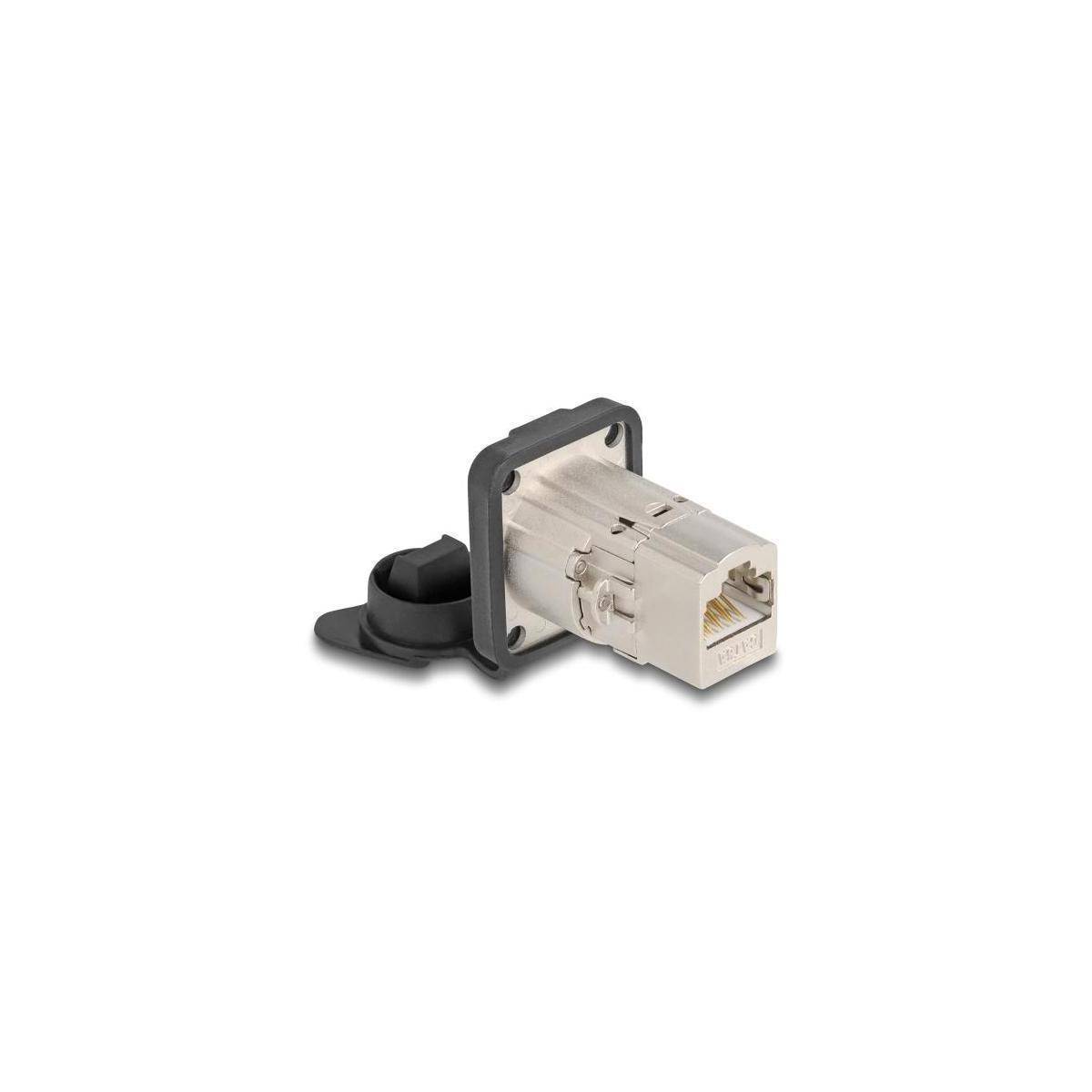 67061 - Delock D-Typ RJ45 Einbaubuchse Kupplung Cat.6A STP mit Schutzkappe IP66 staub-