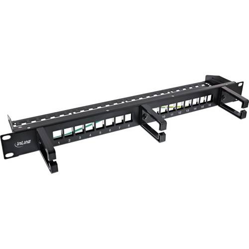 19-Zoll 12-Port Professional UTP Patch Panel mit nummerierten Anschlüssen zur Netzwerkkabelorganisation und -verwaltung, ausgestattet mit Kabelführungsarmen.