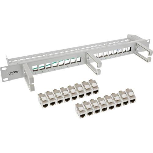 Ein Metall-Patchpanel mit mehreren Ethernet-Ports, als inLine gekennzeichnet, zur Organisation von Netzwerkverbindungen, inklusive Montagehalterungen.
