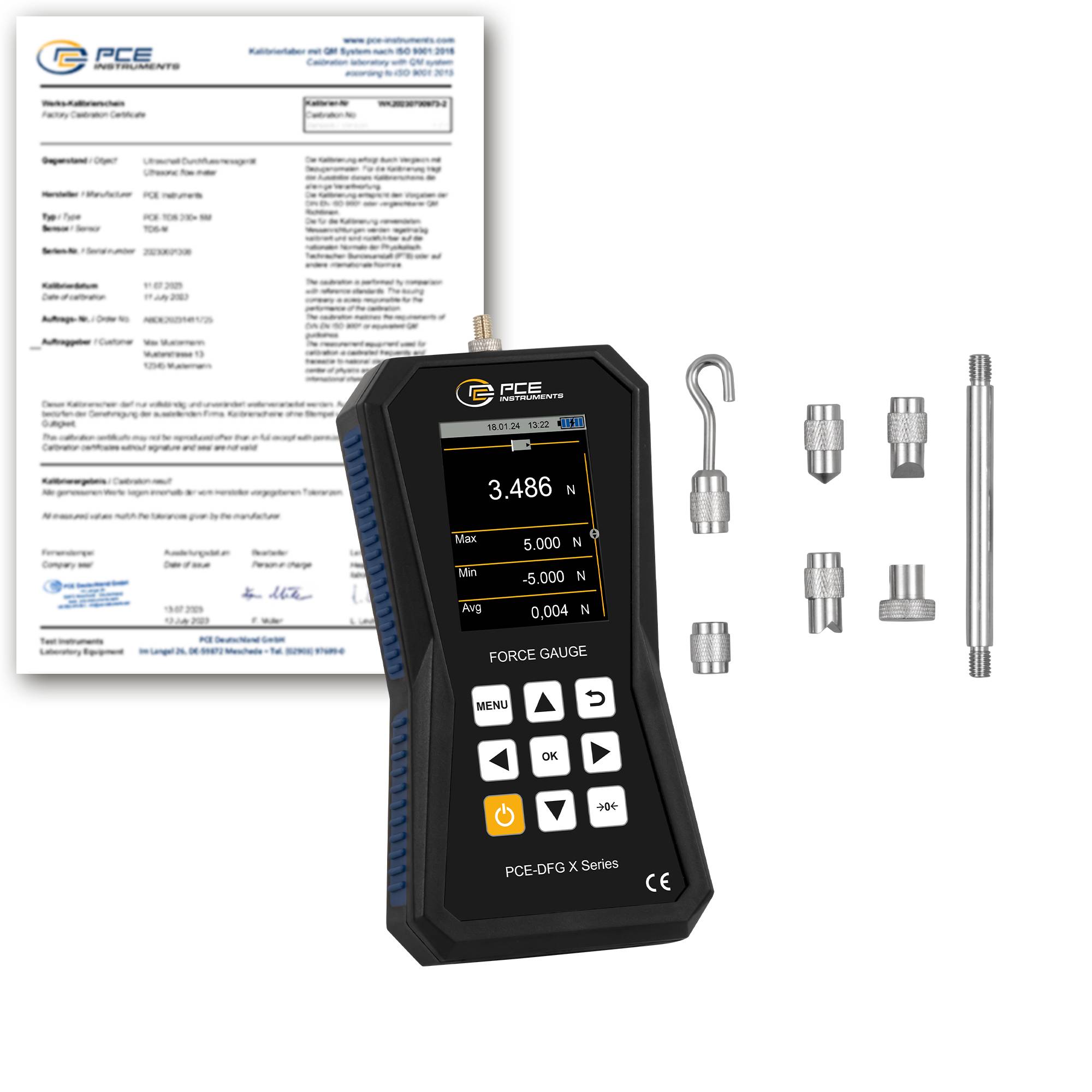 PCE Instruments Kraftmessgerät PCE-DFG 5 X-ICA inkl. ISO-Zertifikat |5 N |7.200 Hz |Genau ±0,05 % F.S. |Speicher |IP52