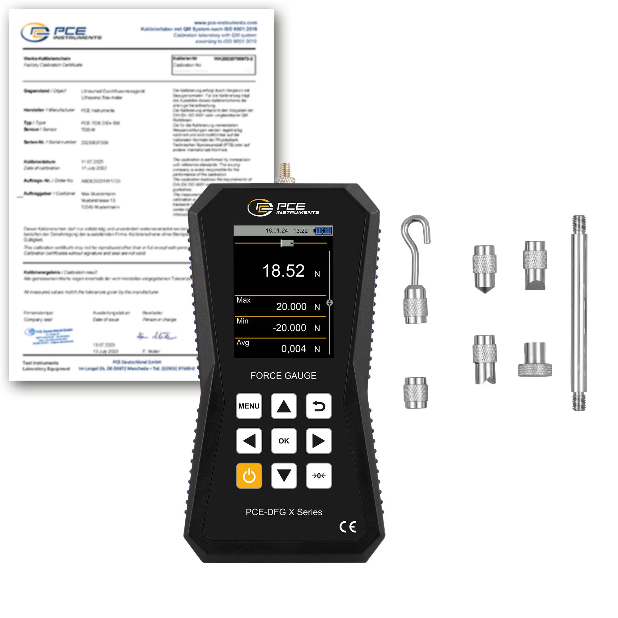 PCE Instruments Kraftmessgerät PCE-DFG 20 X-ICA inkl. ISO-Zertifikat |20N |7.200 Hz |Genau ±0,05 % F.S. |Speicher |IP52