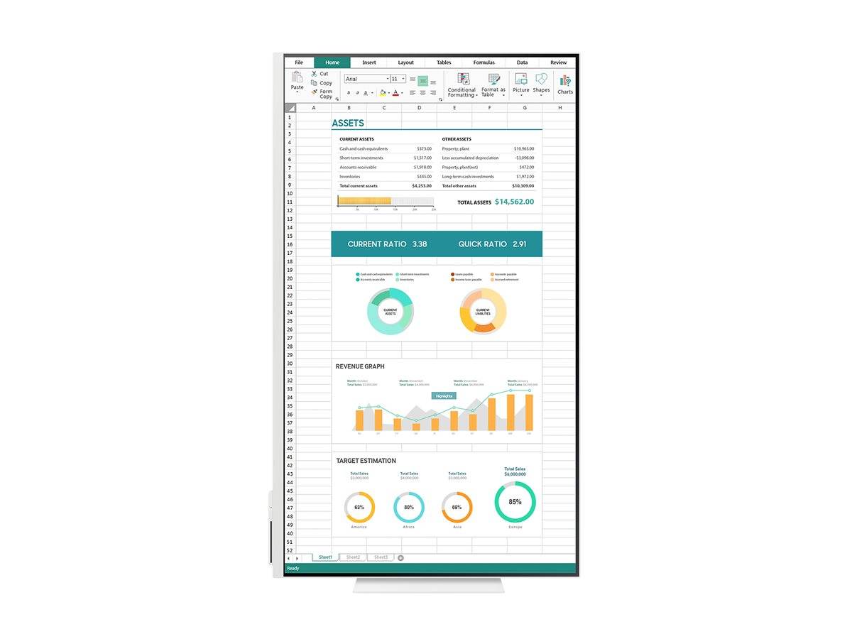Excel-Spreadsheet-Dashboard mit Vermögensübersicht, aktuellen und schnellen Kennzahlen, Umsatzbalkendiagramm und zielgeschätzten Ringdiagrammen auf einem Monitor.