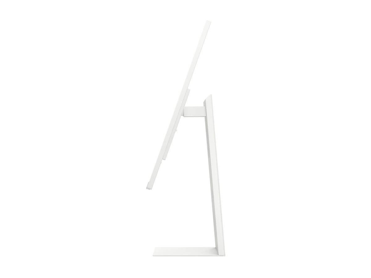 Seitenansicht eines weißen All-in-One-Desktopcomputers auf einem Ständer.