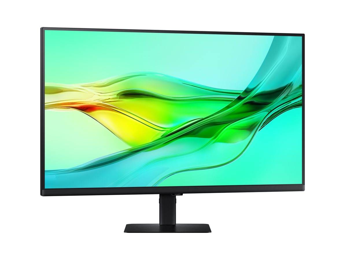 Monitor mit flachem Bildschirm auf einem Ständer, der auf weißem Hintergrund ein grünes und gelbes abstraktes Wellentapete anzeigt.