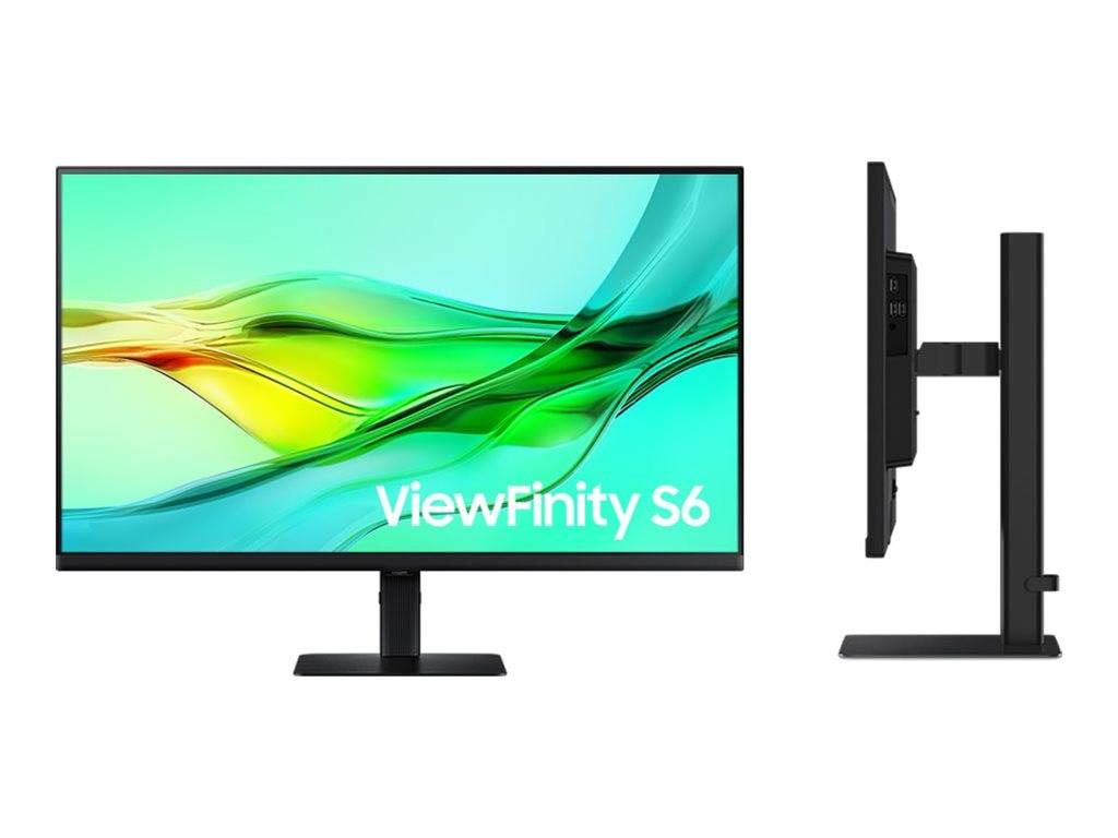 Samsung ViewFinity S6 Monitor in Vorder- und Seitenansicht auf einem Ständer, mit farbenfrohem abstrakt Design auf dem Display und dünnem Rahmen.