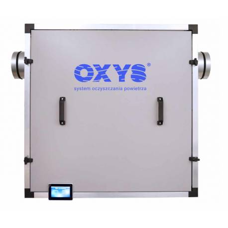 Großer grauer OXYS-Luftreinigungssystem-Schrank mit Seitenleitungen, vorderen Griffen und kleinem Touchscreen-Display unten.
