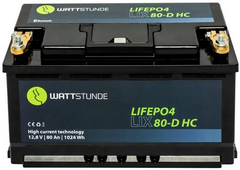 WATTSTUNDE LiFePO4 Akku 12V 80Ah LIX80-HC inkl. BMS & Bluetooth mit 0% MwSt nach §12 Abs. 3 UstG