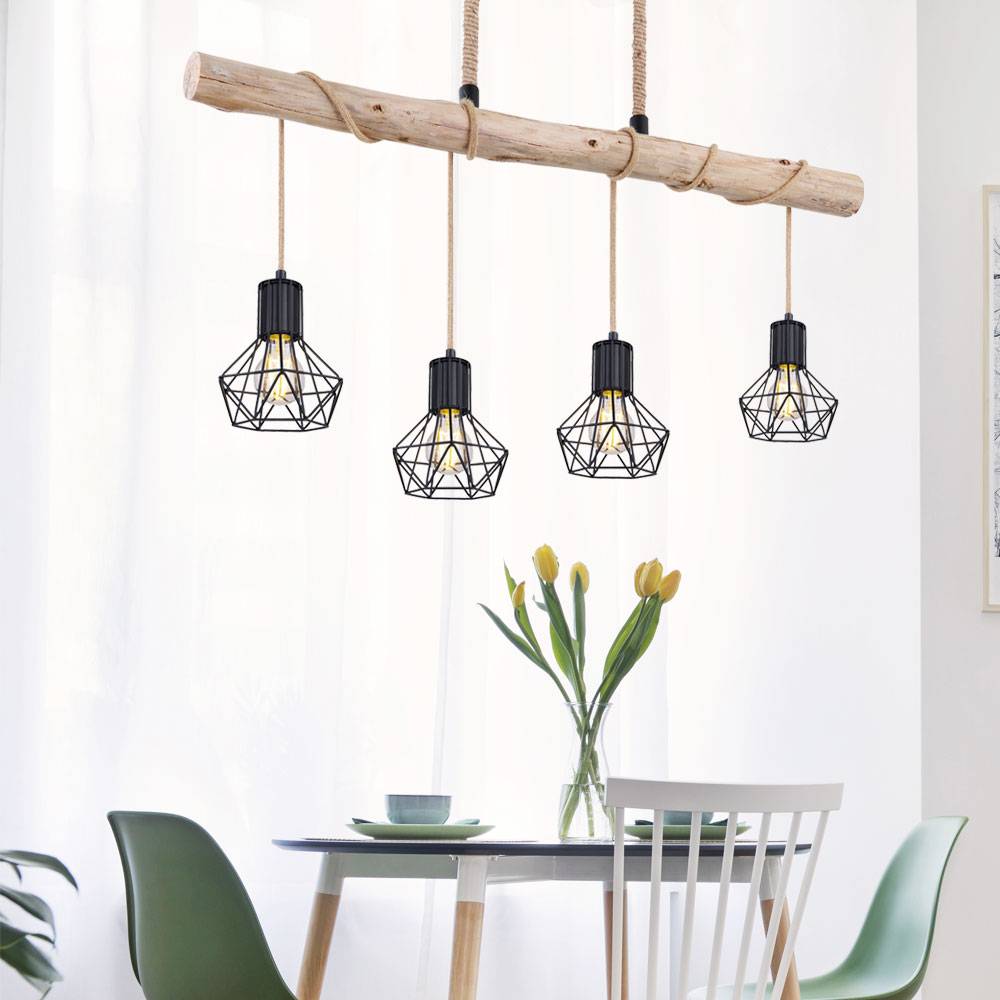 LED Hängelampe Holzbalken natur Pendelleuchte Käfig schwarz Hängeleuchte Holz, schwarz, 4x E27 Fassungen, 5W 300Lm 1800K warmweiß, LxBxH 100x13,3x