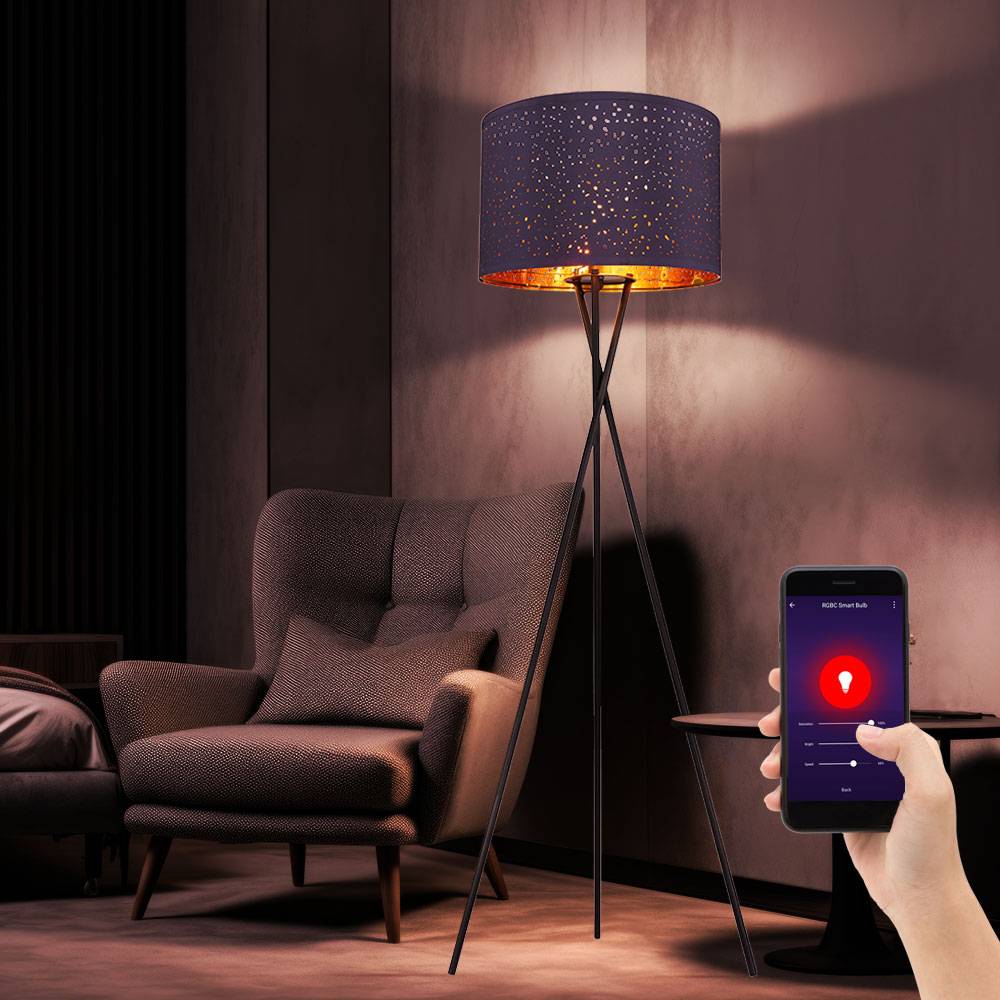 Smart Stehlampe Dreibein Wohnzimmerleuchte Stehleuchte Textil blau Schlafzimmerlampe, App Steuerung CCT, Metall Schwarz, RGB LED 8,5W 806lm, H 160