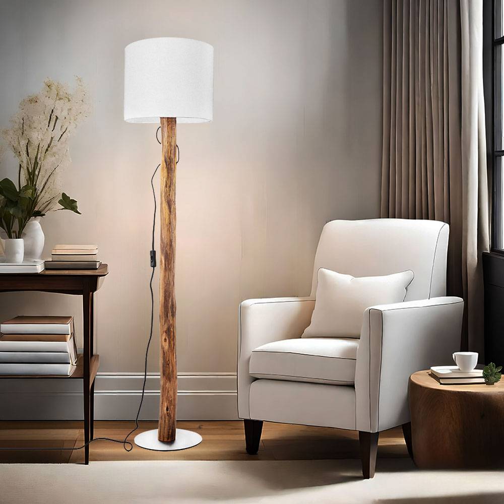 Stehlampe Standleuchte Landhausstil Holzlampe Eukalyptus braun Wohnzimmer Stehleuchte mit Stoffschirm, Metall Textil weiß gold, Fassung 1x E27, DxH
