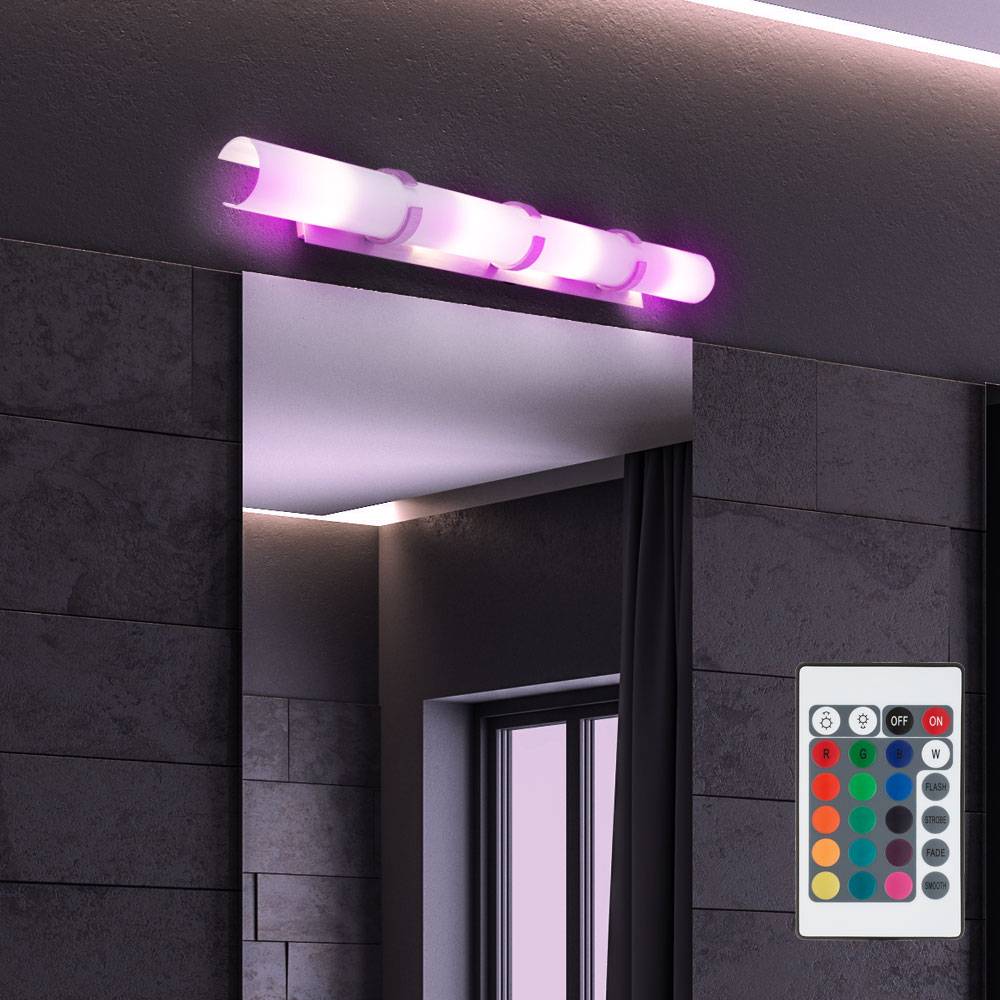 Wandleuchte mit Fernbedienung Wandlampe dimmbar Wohnzimmerleuchte Badezimmerleuchte, Metall Chrom Glas weiß, 4x RGB LED 4,8W 470Lm warmweiß, L 85 cm