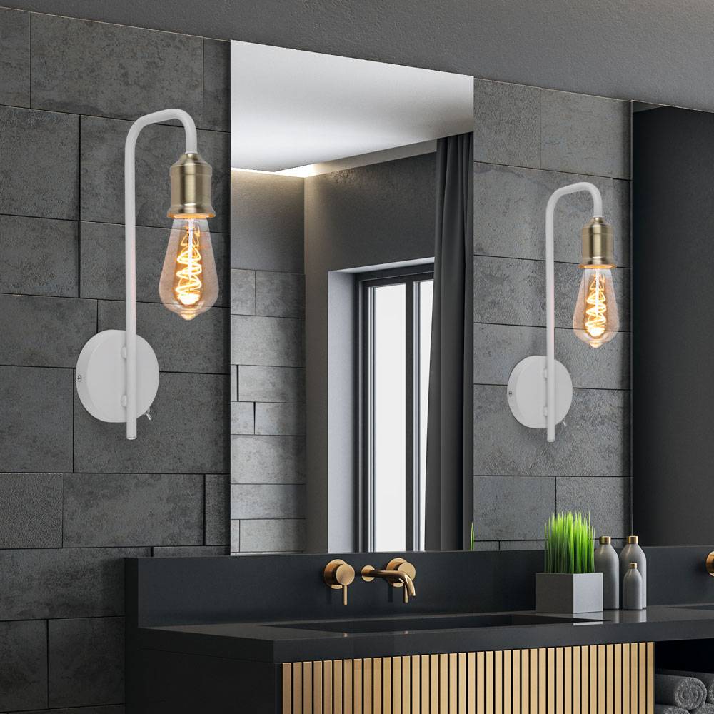 Wandleuchte Bettlampe Schlafzimmerleuchte Wohnzimmerlampe Wandlampe mit Schalter, Metall Messing weiß ,E27, 10,5x36x16,5cm, 2er Set