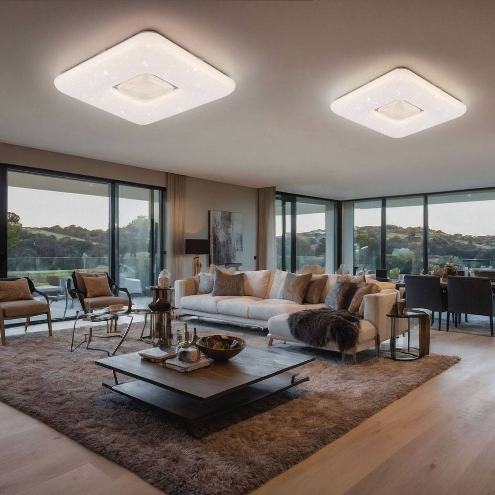 LED Deckenleuchte Sternenhimmel Deckenlampe Wohnzimmerleuchte Esszimmerlampe, Kristalle klar, Metall Chrom, 24 W 1600lm 3000K, L x B x H 43 x 43